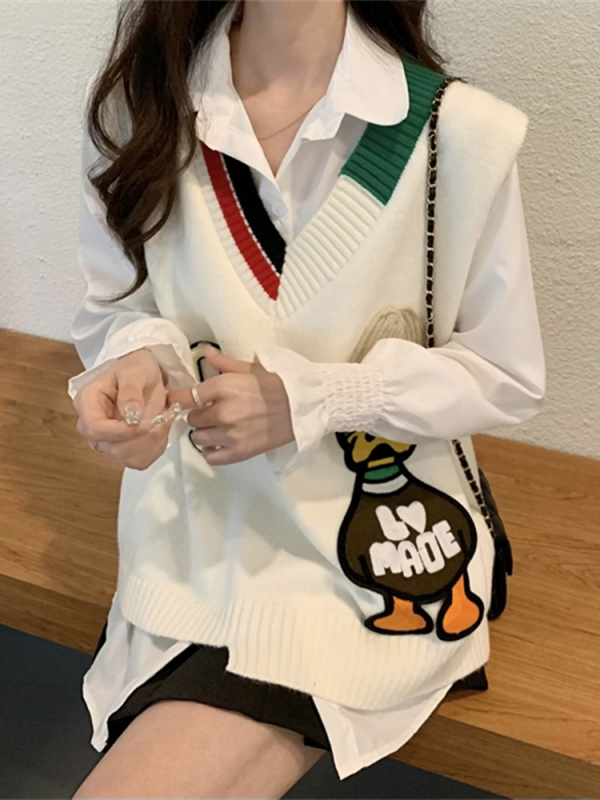 Shirt Paired with Vest, Women's Knitted Vest, 2025 Spring and Autumn Outerwear, Thin Sweater, Stylish College Style Two-Piece Set