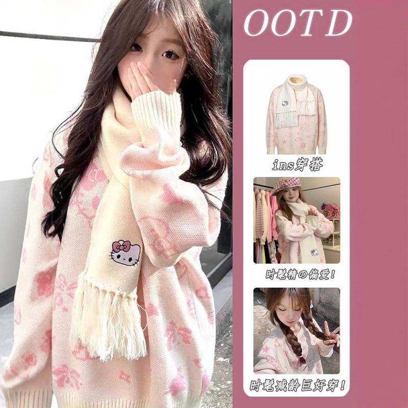 Cartoon Hello Kitty Japanese Retro Lazy Style Sweater for Women, Autumn and Winter Loose Outerwear, Soft Knit Top for Students