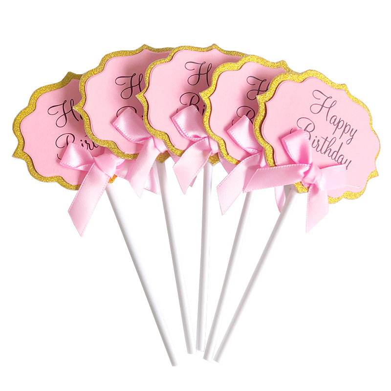 Writeable happy birthday cake card pink bow dessert paper cup plug-in decoration party dress-up supplies