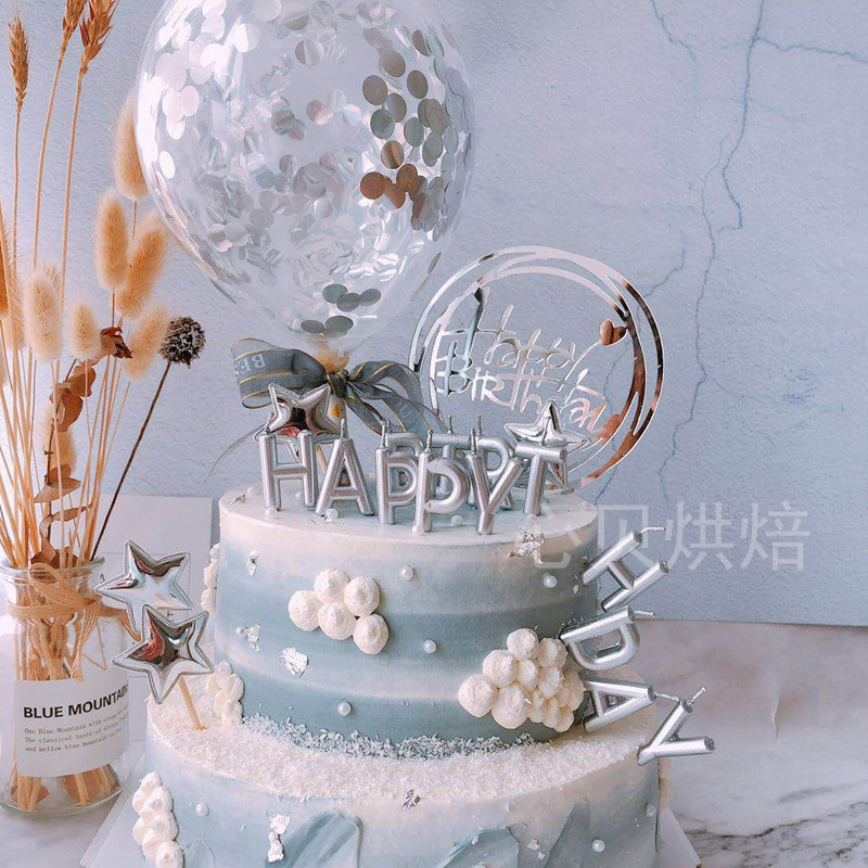 Premium gray series cake decoration plug-in Nouveau Riche silver candle Birthday party decoration Silver Acrylic plug-in