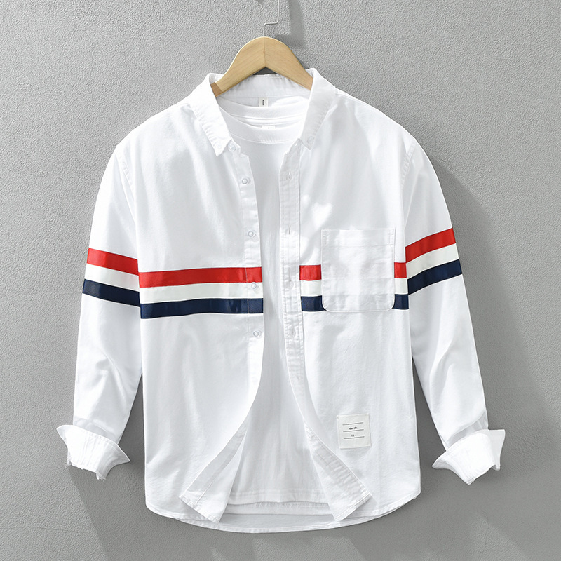 Tb Shirt Spring and Summer Double-Sleeve Ribbon White Poplin Oxford Shirt Loose Business Red White Blue Versatile Shirt