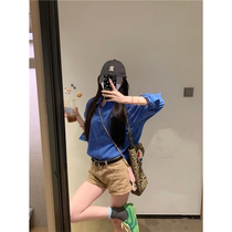 Limited time special offer retro blue Polo collar shirt jacket womens early autumn mid-length loose casual sun protection top