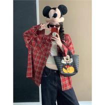 Limited time special offer American retro plaid Polo collar shirt womens jacket early autumn loose casual mid-length top