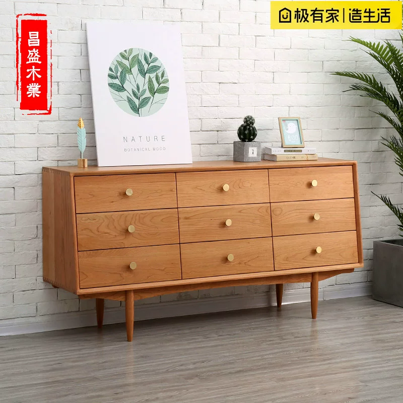 Tủ 9 ngăn kéo bằng gỗ anh đào Bắc Âu Tủ lưu trữ bằng gỗ nguyên khối đơn giản của Nhật Bản phòng ngủ tủ đựng đồ bằng gỗ óc chó màu đen Tủ đồ có ngăn 9 ngăn - Buồng
