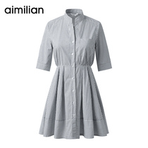 Amy Romance Blue White Striped Dress Shirt Skirt Woman Summer Pure Cotton Half Sleeve Short Skirt High Waist A Dress 50% Sleeves Dress Spring
