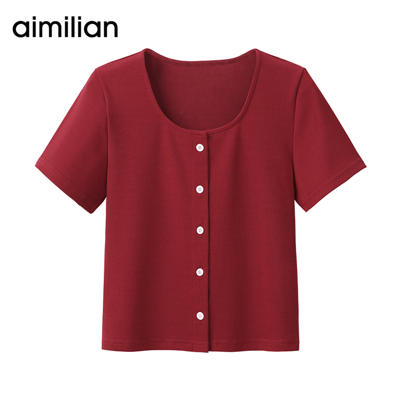 Amy Romance Red Knit Cardiovert Short Sleeve T-Shirt Woman Summer Short Outside Lap Slim Round Collar Loose Black Blouse