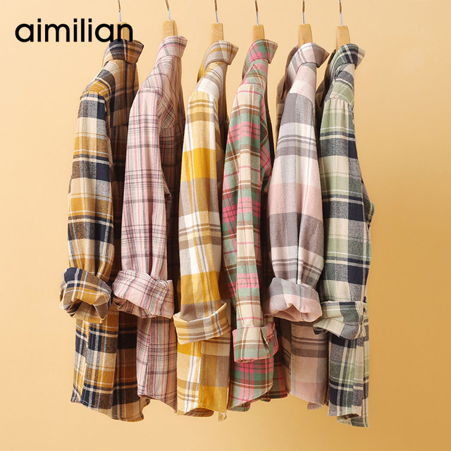 Amy love plaid shirt women's autumn and winter new long-sleeved loose brushed retro Hong Kong-flavored top pure cotton layered shirt