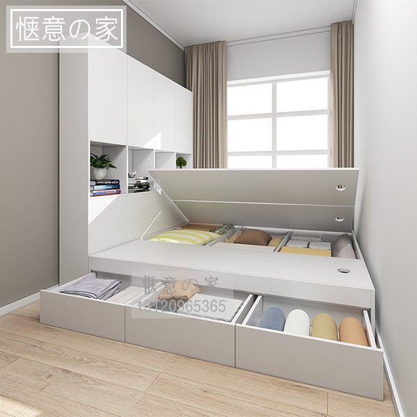 Tatami bed customised modern minimalist multifunction small family high case storage wardrobe integrated bedroom overall bookcase