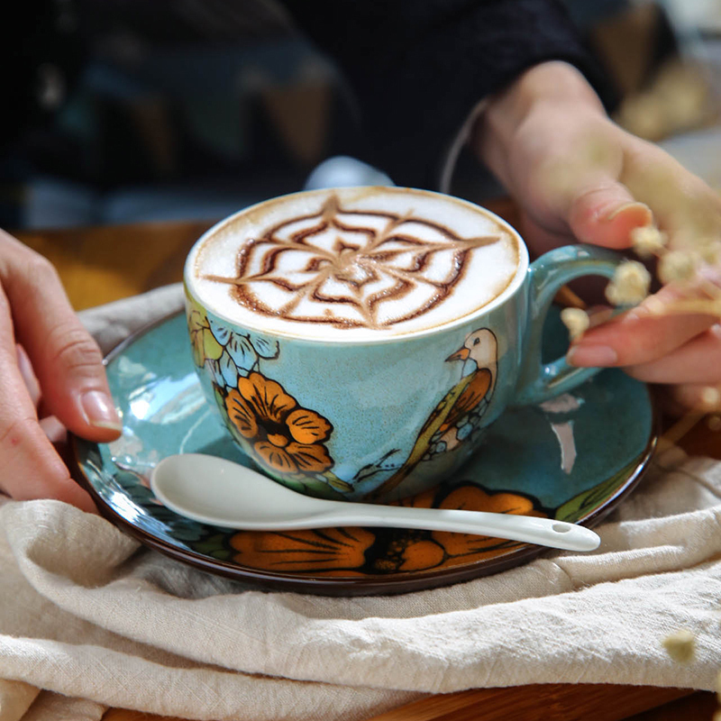 Coffee cup suit European creative household move restoring ancient ways English web celebrity hand - made ceramic flowers cup dish with a spoon