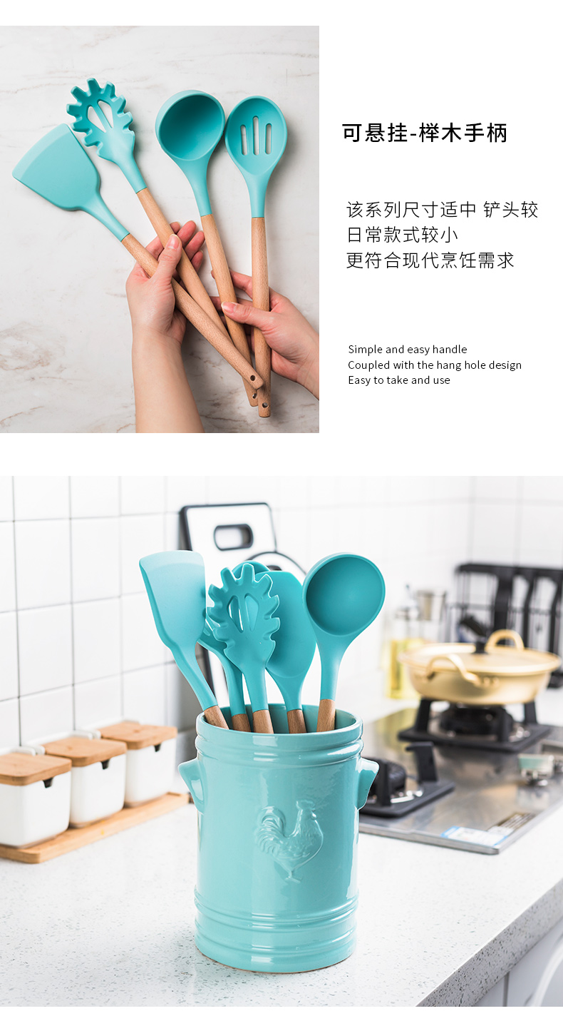 Porcelain color beauty high temperature resistant wood handle silicone titanium pot shovel spoon colander with as cans of kitchen cooking 7 dresses