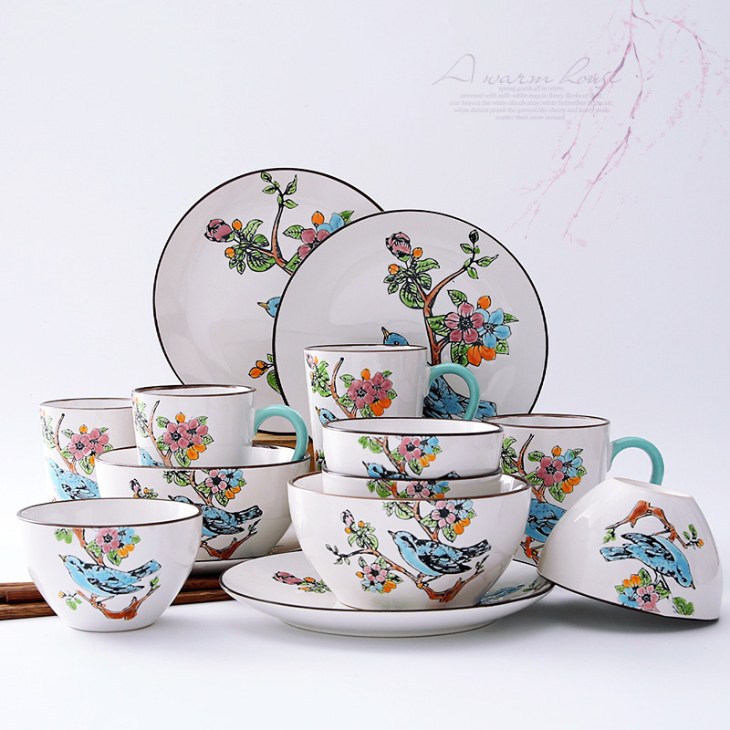 Four people painting of flowers and tableware suit move contracted household bowl dishes chopsticks creative rainbow such as bowl meal hand - made ceramic 0