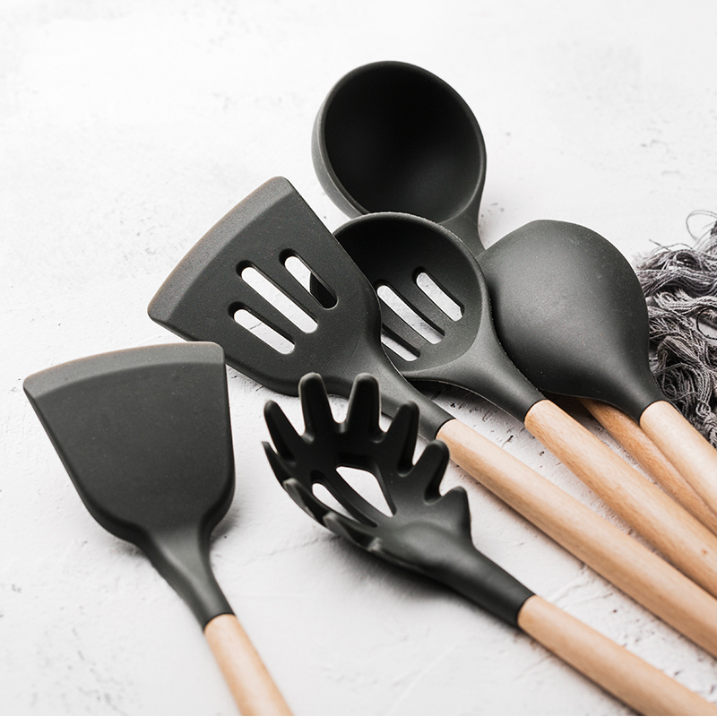 Porcelain Color Beauty Wood Handle Silicone Spoon Shovel not Covered With Pan Fried Vegetable Spade and Flour Spoon Soup Spoon HIGH TEMPERATURE RESISTANT KITCHEN COOKING SUIT