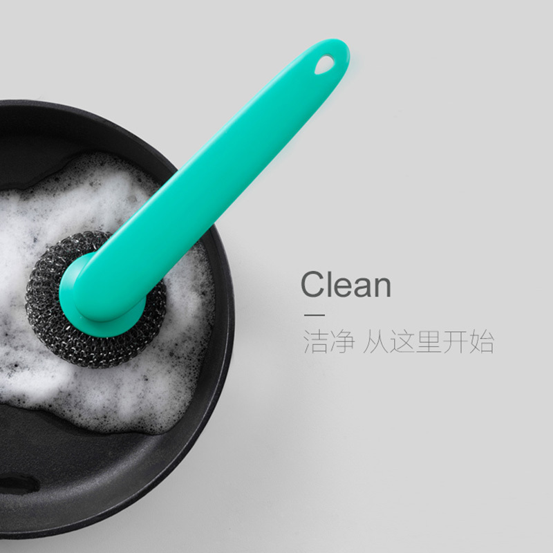 Porcelain color beauty long handle for wash pot brush brush to wash dishes steel ball non - stick oil decontamination kitchen household cleaning brush