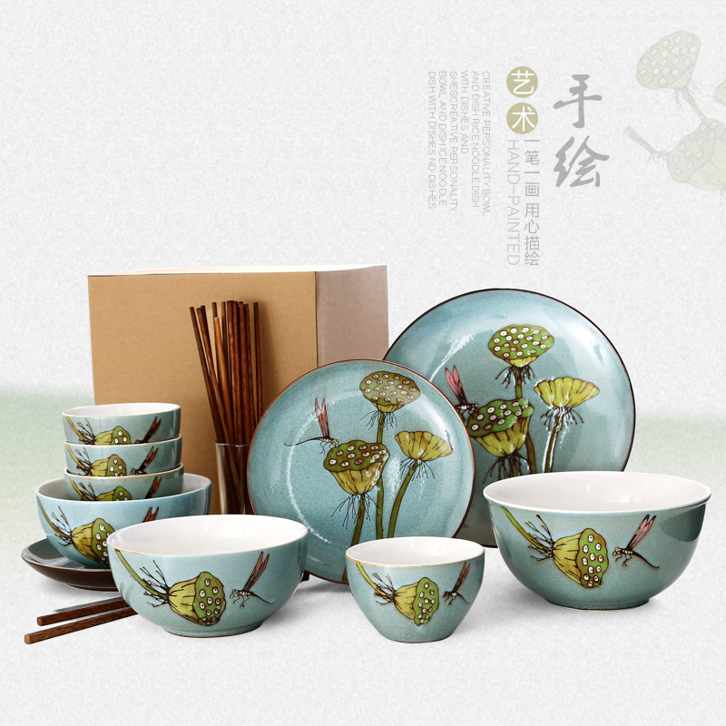 Four people eat the home dishes suit dish chopsticks tableware creative rice noodles in soup bowl hand - made ceramic western new move