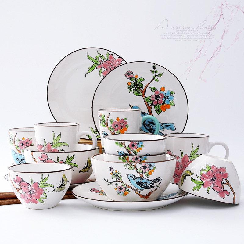 Four people painting of flowers and tableware suit move contracted household bowl dishes chopsticks creative rainbow such as bowl meal hand - made ceramic 0