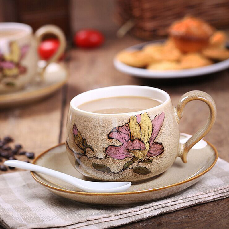 Coffee cup suit European creative household move restoring ancient ways English web celebrity hand - made ceramic flowers cup dish with a spoon