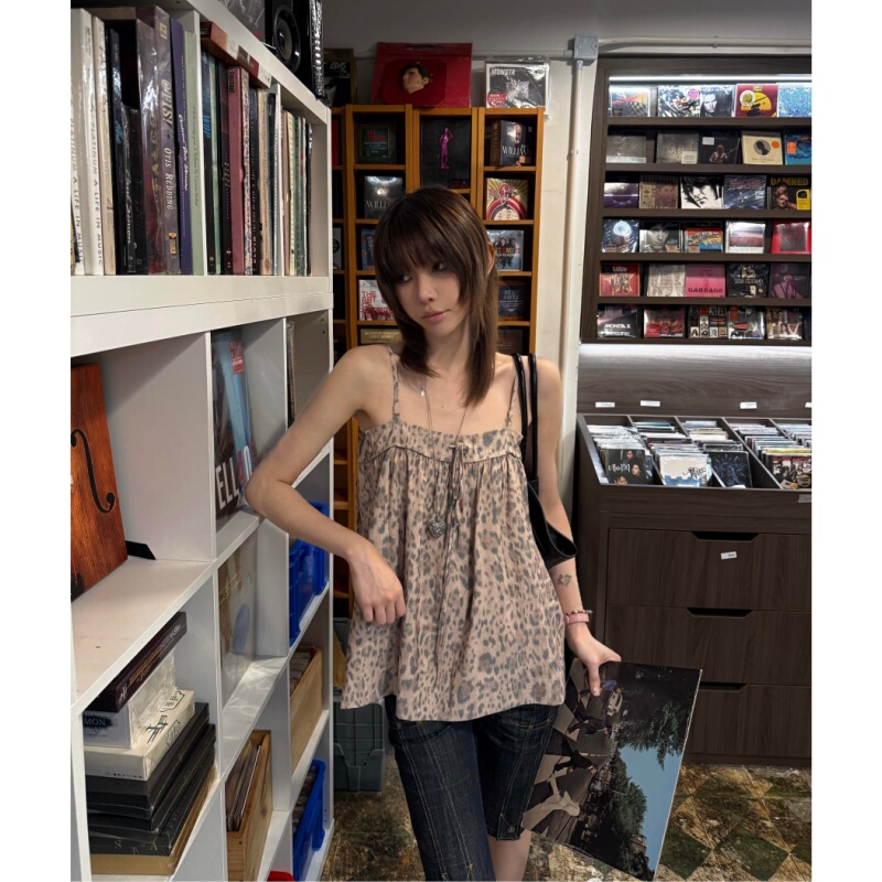 Placeorder Retro Drawstring Leopard Print Camisole Women's Summer Reversible Skirt Design Top Placeorder Retro Drawstring Leopard Print Camisole Women's Summer Reversible Skirt Design Top