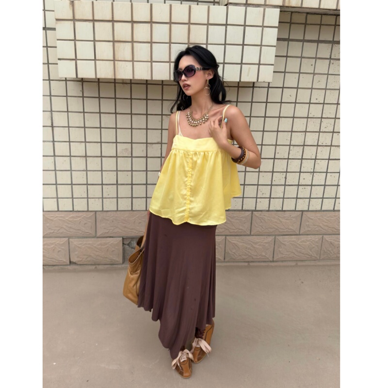 Placeorder Korean-Style Yellow Half-Open Front Camisole for Women, Summer Loose Casual Versatile Sleeveless Top Placeorder Korean-Style Yellow Half-Open Front Camisole for Women, Summer Loose Casual Versatile Sleeveless Top
