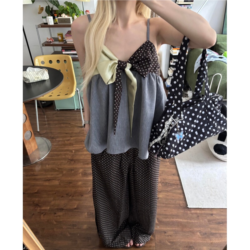 Placeorder Retro Design Contrasting Color Bow Tie Loose A-Line V-Neck Cape Vest with Suspenders for Outerwear