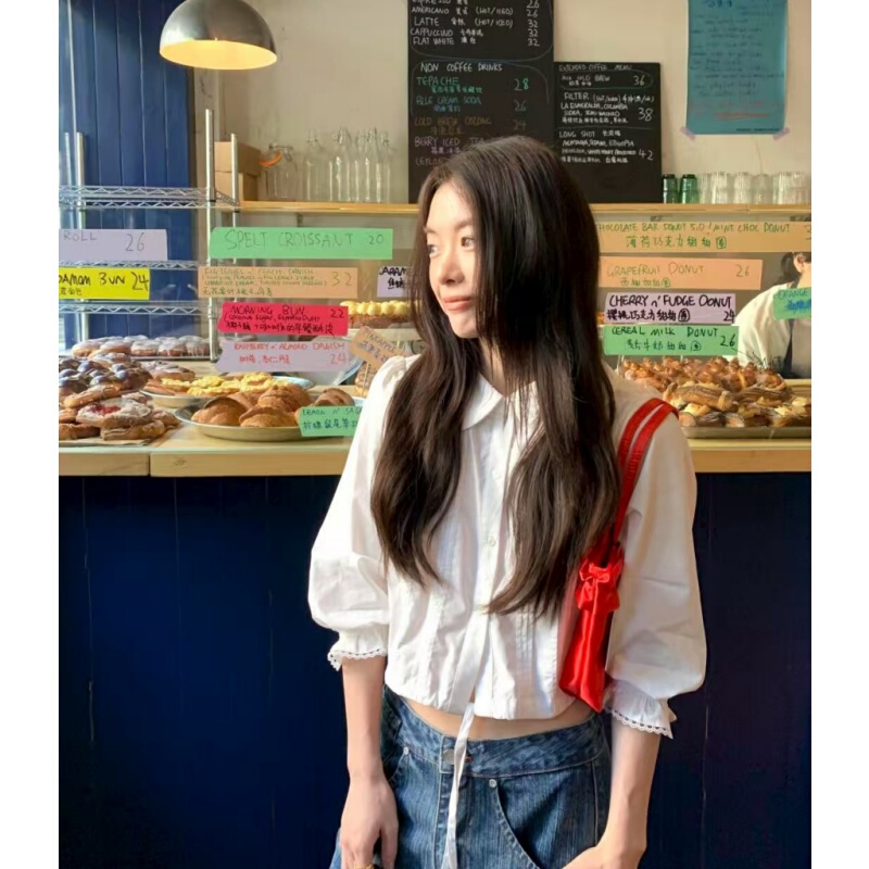 Placeorder Korean Niche Doll Collar Mid-Sleeve Shirt for Women, Autumn Casual Versatile Short Slimming Top Placeorder Korean Niche Doll Collar Mid-Sleeve Shirt for Women, Autumn Casual Versatile Short Slimming Top