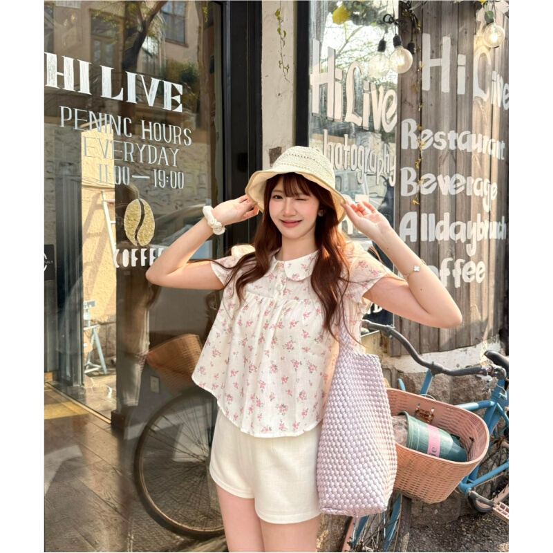 Placeorder Retro Floral Peter Pan Collar Short-Sleeved Shirt for Women Summer Loose Casual Versatile Top
