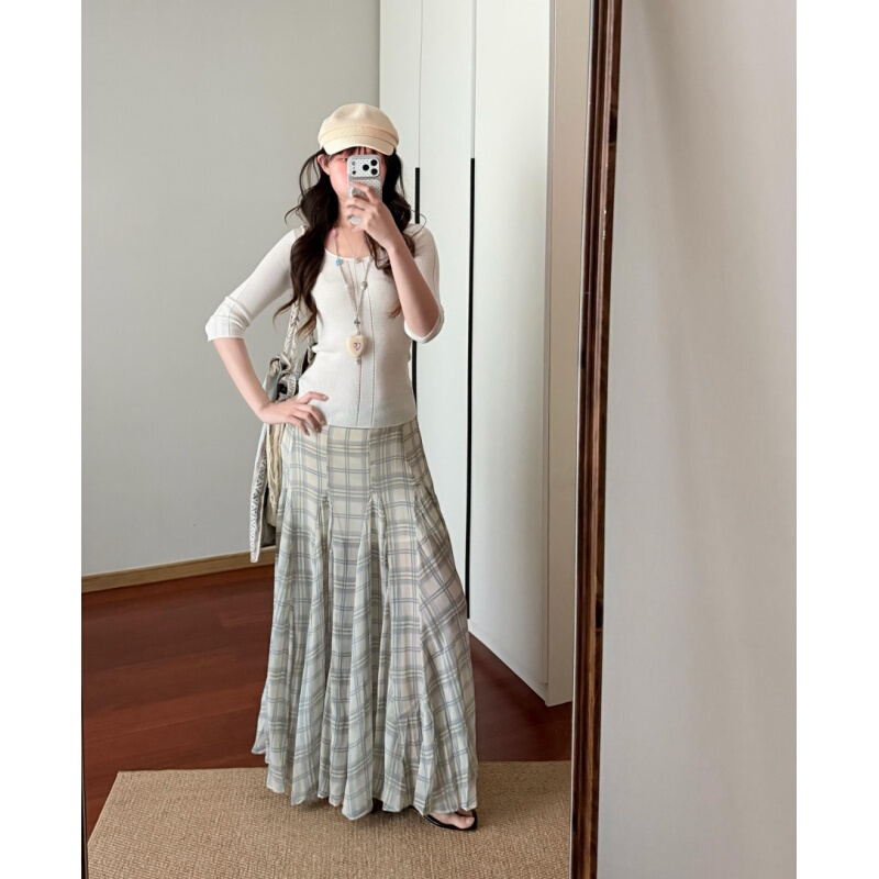 Placeorder Korean Niche Irregular Plaid Long Skirt with Mesh Fabric, Flowing and Gentle A-Line Long Skirt