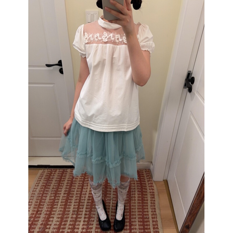 Placeorder Korean-Style White Stand-Up Collar Lace Patchwork Mesh Puff Sleeve Loose Versatile Shirt Placeorder Korean-Style White Stand-Up Collar Lace Patchwork Mesh Puff Sleeve Loose Versatile Shirt