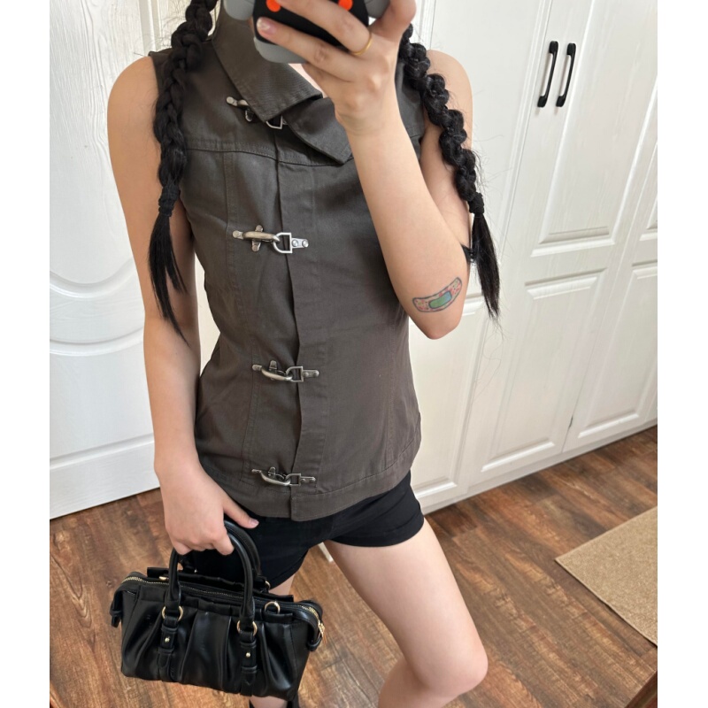 Placeorder Retro Hot Girl Cool Stand-Up Collar Design Airplane Buckle Workwear Vest Slim Fit Sleeveless Top for Women