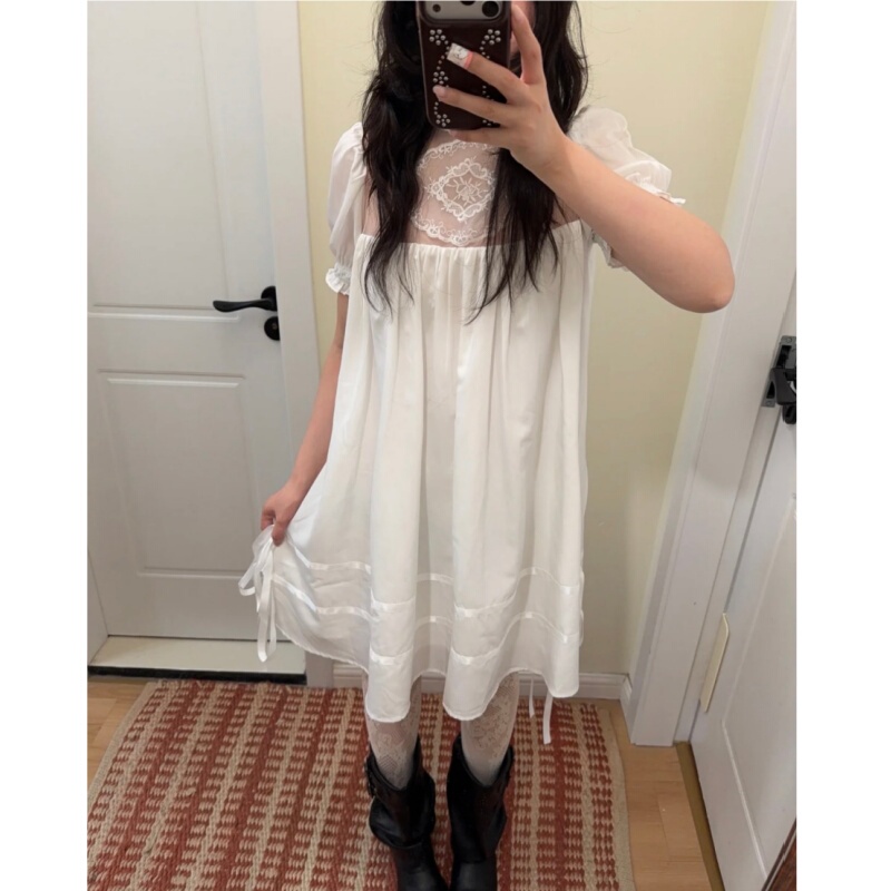 Placeorder Retro French Lace Splicing Mesh Babydoll Dress for Women, Summer Slimming and Versatile A-Line Dress Placeorder Retro French Lace Splicing Mesh Babydoll Dress for Women, Summer Slimming and Versatile A-Line Dress