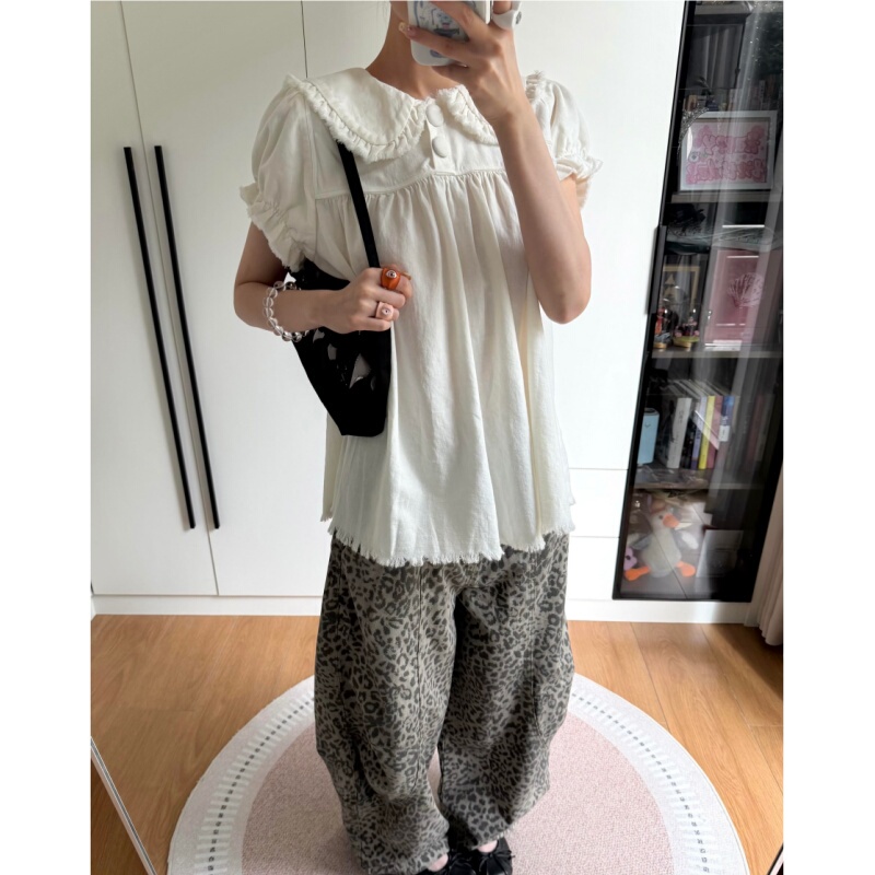 Placeorder Retro Playful Pleated Layered Doll Collar Loose Slimming Fringed Washed Shirt Top Summer Placeorder Retro Playful Pleated Layered Doll Collar Loose Slimming Fringed Washed Shirt Top Summer