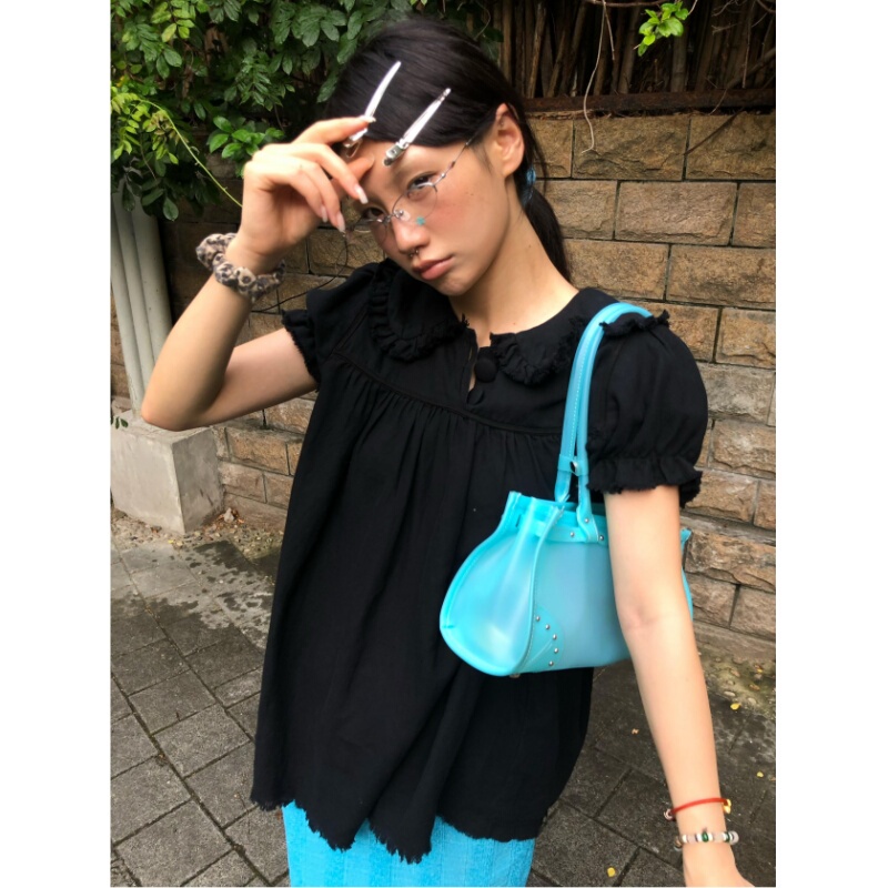 Placeorder Retro Pleated Layered Doll Collar Frayed Edge Washed Shirt Summer New Design Top Placeorder Retro Pleated Layered Doll Collar Frayed Edge Washed Shirt Summer New Design Top