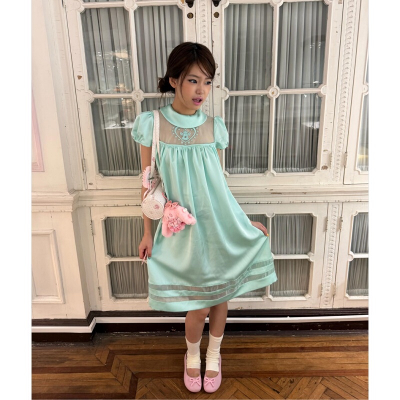 Placeorder Retro Fresh and Sweet Style Doll Collar Angel Embroidered Puffy Dress Women's Summer A-Line Short Skirt