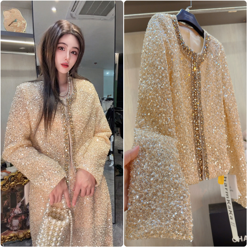 【Golden Encrusted】65609 Heavy-Duty Rhinestone-Embellished Sequin Beaded Jacket, Plus Size for Chubby Women 【Golden Encrusted】65609 Heavy-Duty Rhinestone-Embellished Sequin Beaded Jacket, Plus Size for Chubby Women