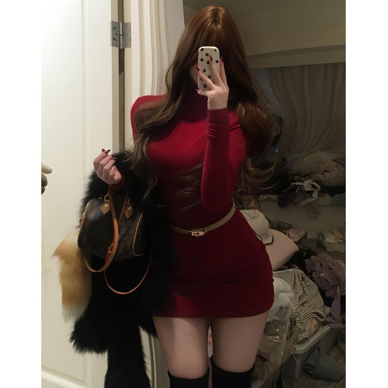 Autumn and Winter Brushed Fleece Warm Long-Sleeve Inner Dress, Sexy Tight-Fitting Waist-Cinching Bust-Enhancing Bodycon Short Dress for Women