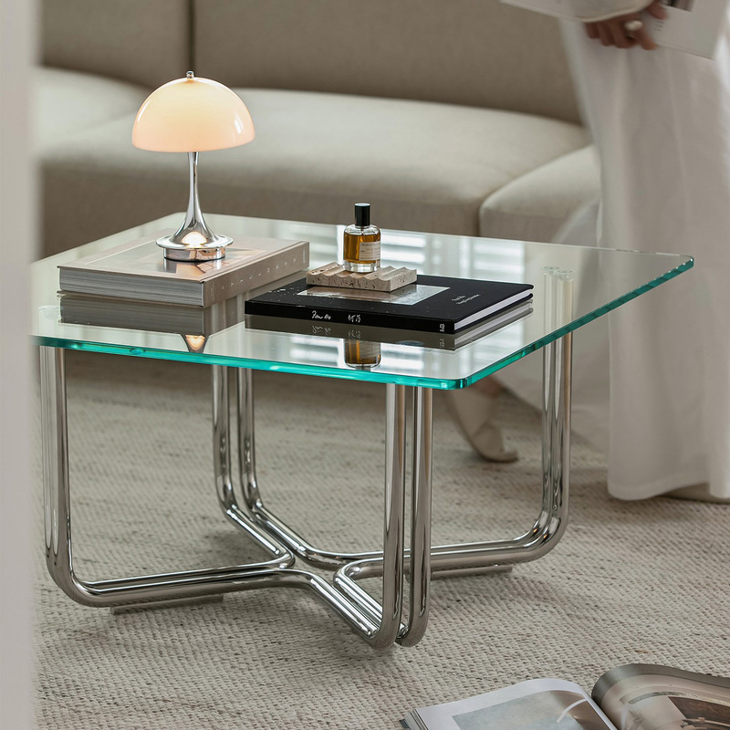 Bauhaus Glass-Edged Small Coffee Table, Vintage Style Transparent Low Table, High-End Home Furniture, Minimalist Stainless Steel Square Table for Living Room