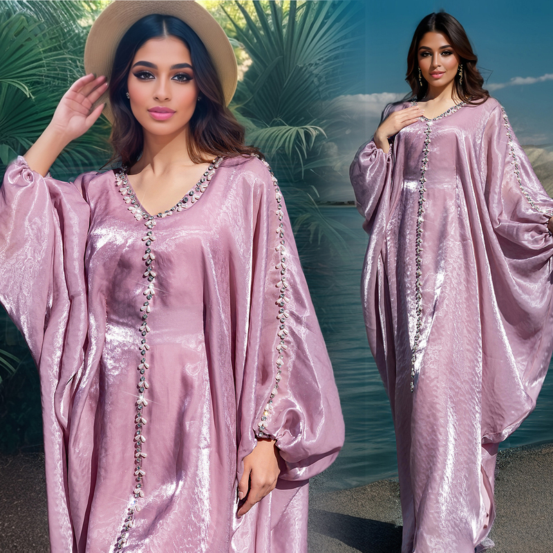 Ethnic Style Travel Pink Flowing Batwing Sleeve Cape Hand-Sewn Beaded Women's Robe Long Dress