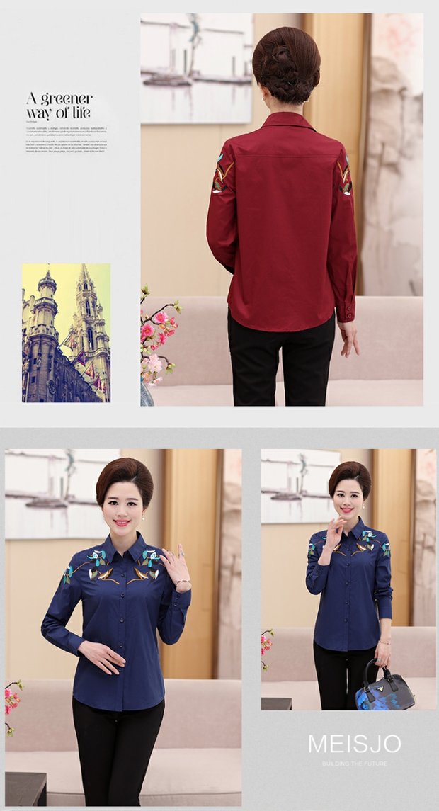 Áo sơ mi nữ trung niên 2019 xuân hè mới áo cotton thêu nữ áo dài tay áo sơ mi mẹ trung niên - Áo sơ mi dài tay sơ mi nữ dài tay đẹp