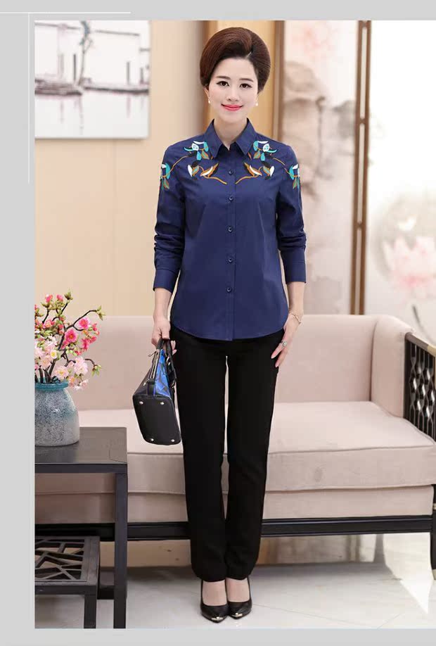 Áo sơ mi nữ trung niên 2019 xuân hè mới áo cotton thêu nữ áo dài tay áo sơ mi mẹ trung niên - Áo sơ mi dài tay sơ mi nữ dài tay đẹp