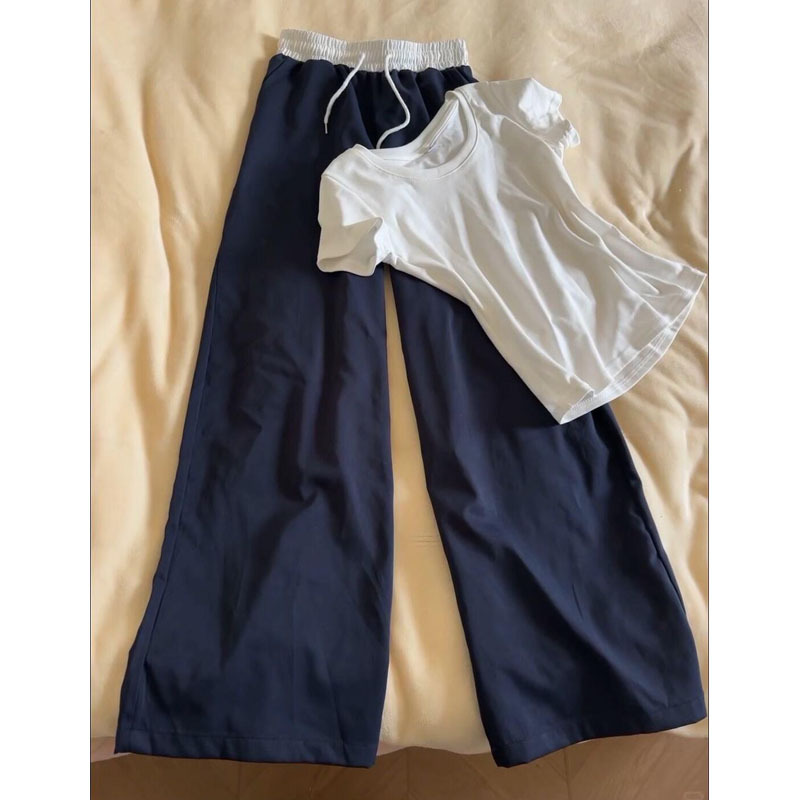 Casual Korean-Style Casual Sports Suit for Women, White Shoulder-Length Short-Sleeved T-Shirt for Women + Navy Blue Pants Two-Piece Suit Trendy Casual Korean-Style Casual Sports Suit for Women, White Shoulder-Length Short-Sleeved T-Shirt for Women + Navy Blue Pants Two-Piece Suit Trendy