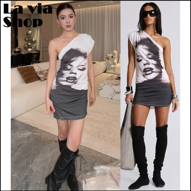 【La Via】Authentic In-Stock Jaded London Dark Night Portrait Print One-Shoulder Slim-Fit Mini Dress