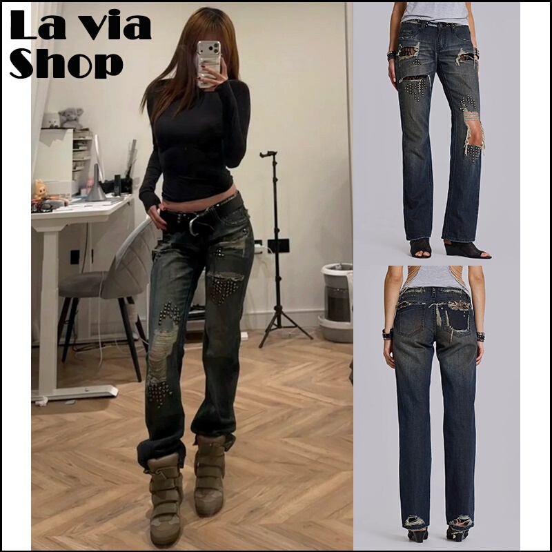 【La Via】Buyer's Store Has In-Stock Authentic Jaded London Lace Patchwork Studded Ripped Denim Pants