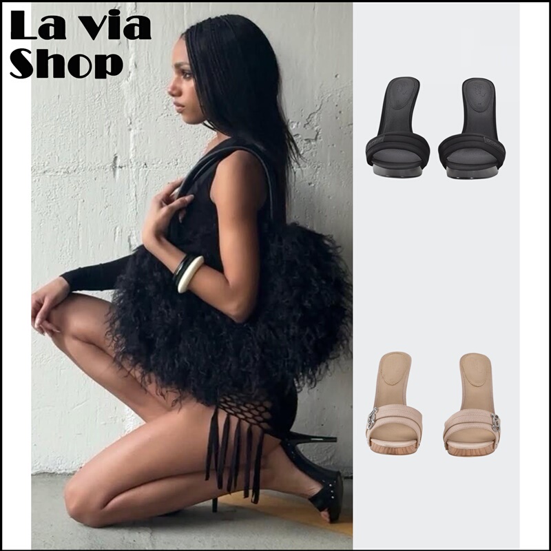 【La Via】Authentic Iamgia High-Heeled Shoes Nicky Hot Girl Style Metal Logo Slip-On Open-Toe Sandals for Women