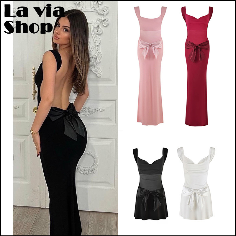[La Via] Buyer Store Ready-Made Tiger Mist Dress Bow Ribbon Backless Dress Long Skirt for Women