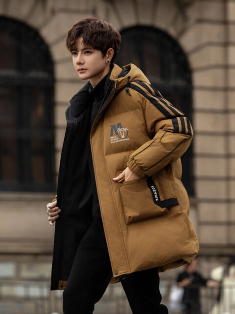 Mid-length cotton-padded jacket for men in winter, junior and high school students' down-padded jacket, boy's hooded thickened cotton-padded jacket for teenagers