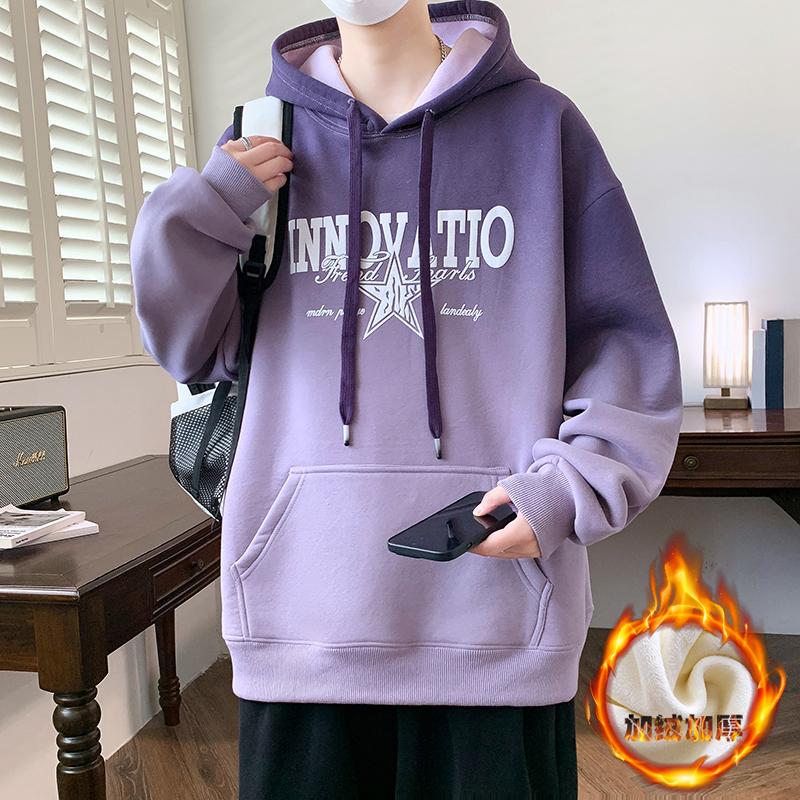 Teenage Purple Sweatshirt for Boys, Autumn and Winter Style, for Middle and High School Students, Gradient Fleece-Lined, Thickened, Big Boy's Hooded Top