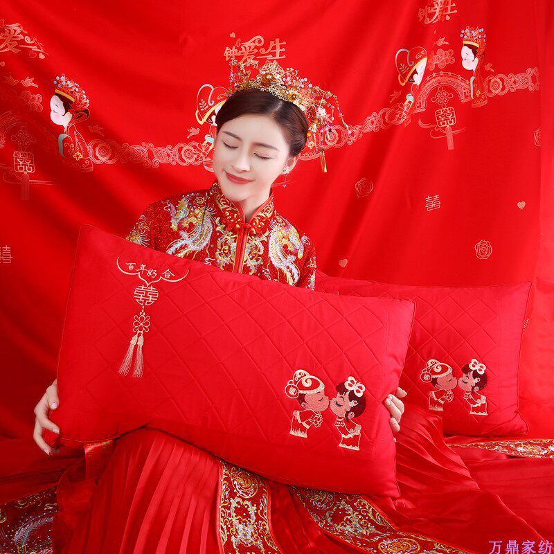 New cotton rectangular newly wedding pillow double-seated adult household accompanied marriage pillow red pair