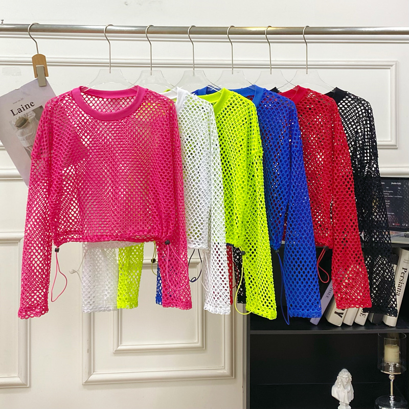 Designed in European and American Style, Versatile Round Neck Hollow Mesh Short Drawstring Long-Sleeved Blouse Shirt Top for Women in Summer Designed in European and American Style, Versatile Round Neck Hollow Mesh Short Drawstring Long-Sleeved Blouse Shirt Top for Women in Summer
