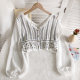 Spring and summer chic retro V-neck hollow crochet chiffon bubble long-sleeved splicing short-conditioning shirt top for women