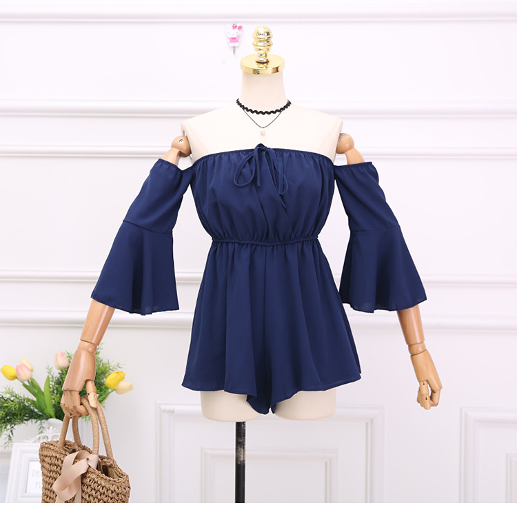 2018 mùa hè mới phong cách kỳ nghỉ màu rắn từ cổ áo quây trumpet tay áo eo tie jumpsuit bãi biển váy quần 	váy ôm eo xòe	