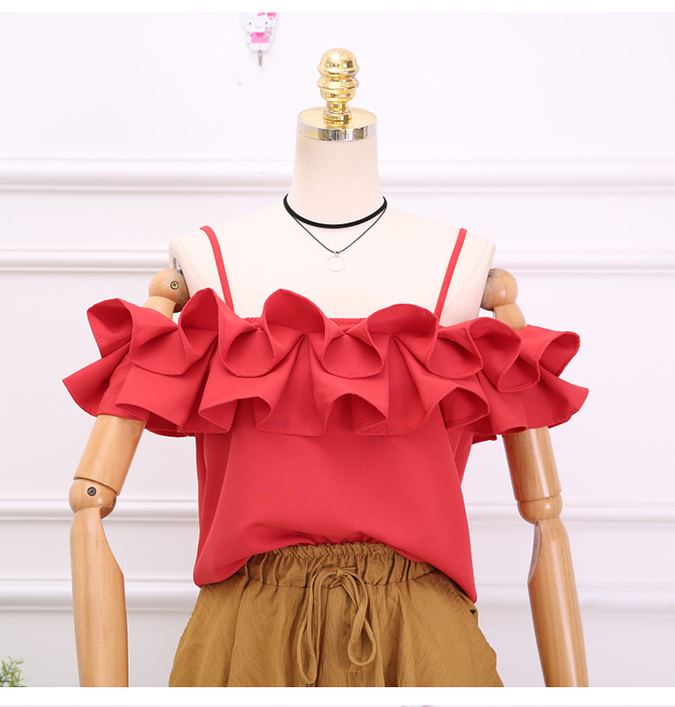 2018 khí mùa hè mỏng dây đeo vai băng tóc xù xếp li vô lý off-the-vai ngắn yếm trong top shop thời trang nữ